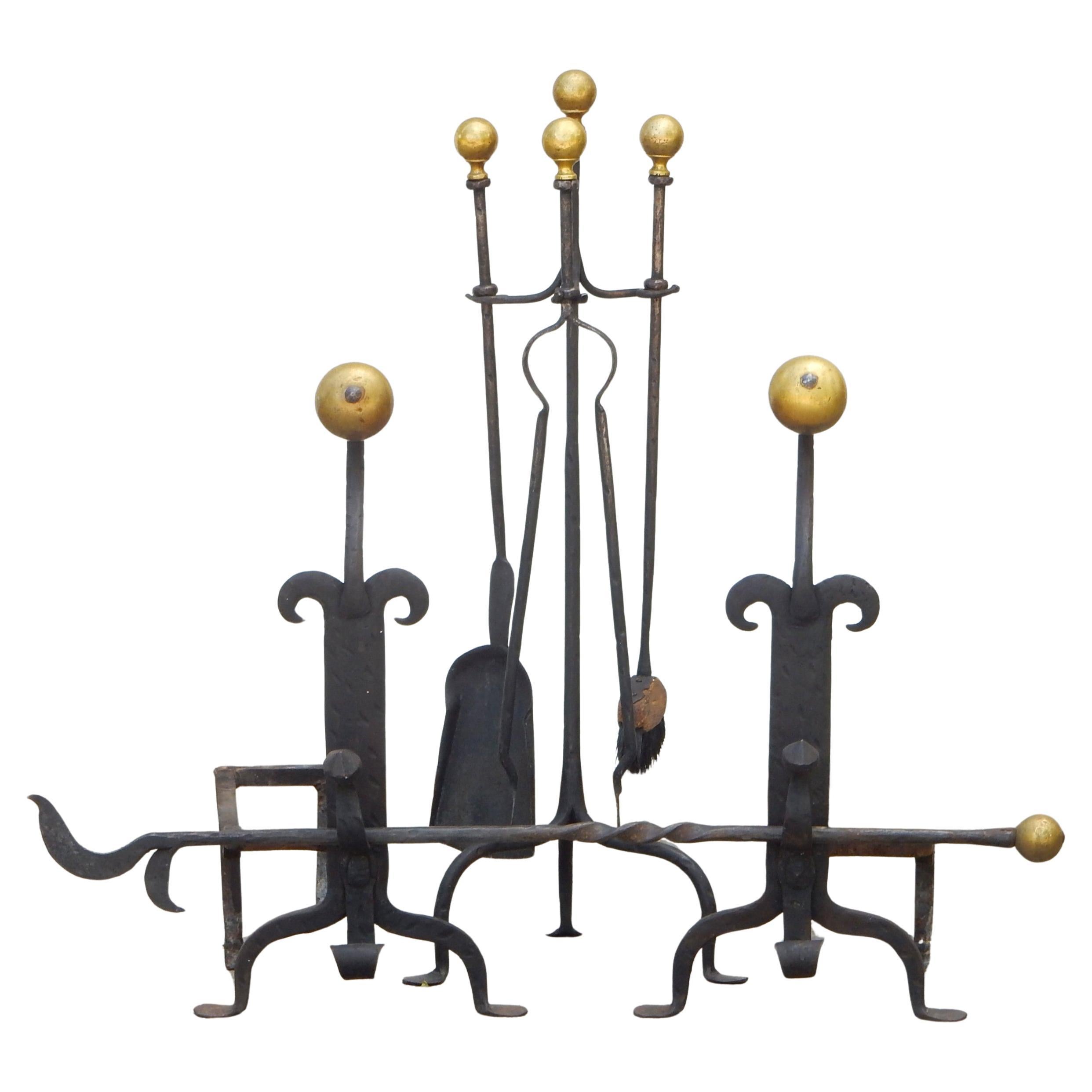Arts and Crafts era Blacksmith-Made Brass Andirons & Fireplace Tool set For Sale