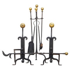 Arts and Crafts era Blacksmith-Made Brass Andirons & Fireplace Tool set