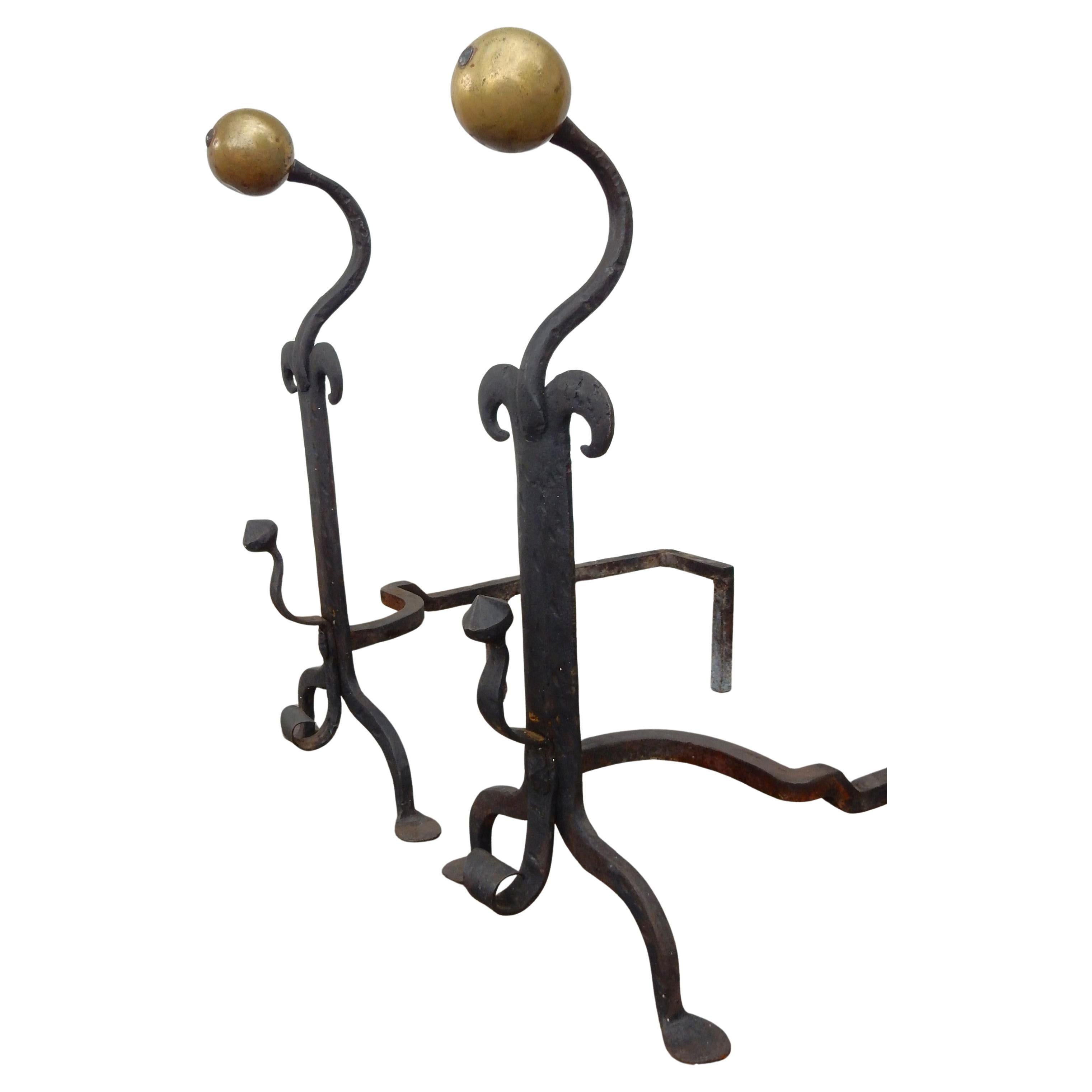 Hand-Crafted Arts and Crafts era Blacksmith-Made Brass Andirons & Fireplace Tool set For Sale