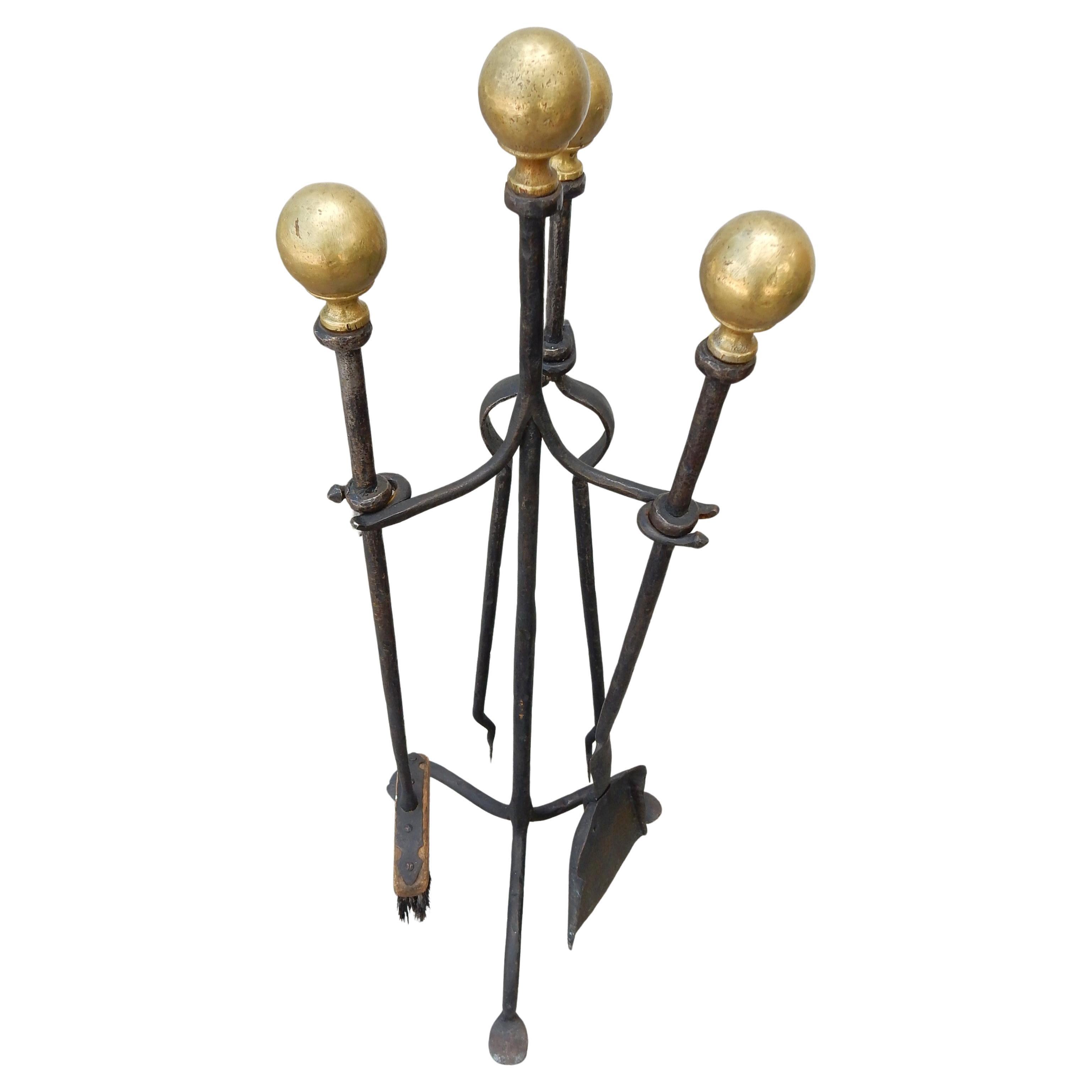 Arts and Crafts era Blacksmith-Made Brass Andirons & Fireplace Tool set In Good Condition For Sale In Las Vegas, NV