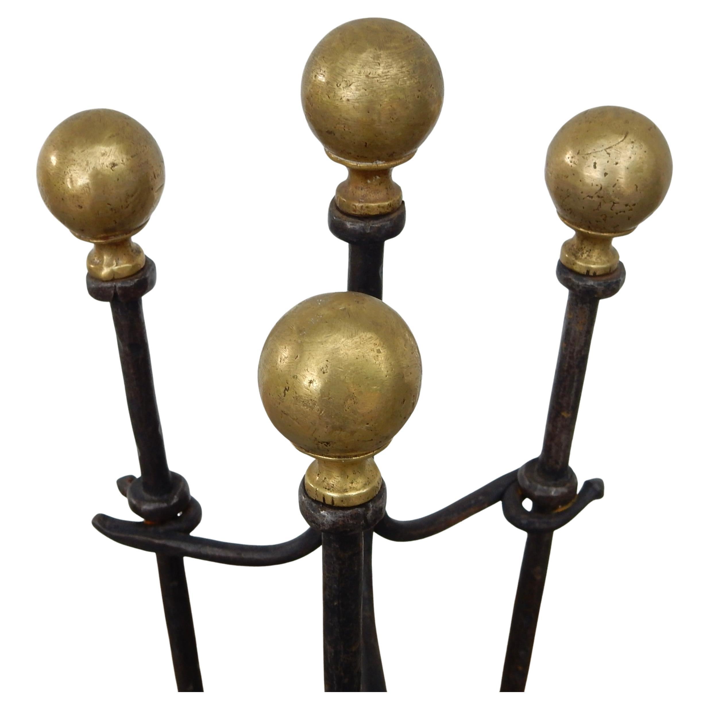 Arts and Crafts era Blacksmith-Made Brass Andirons & Fireplace Tool set For Sale 1