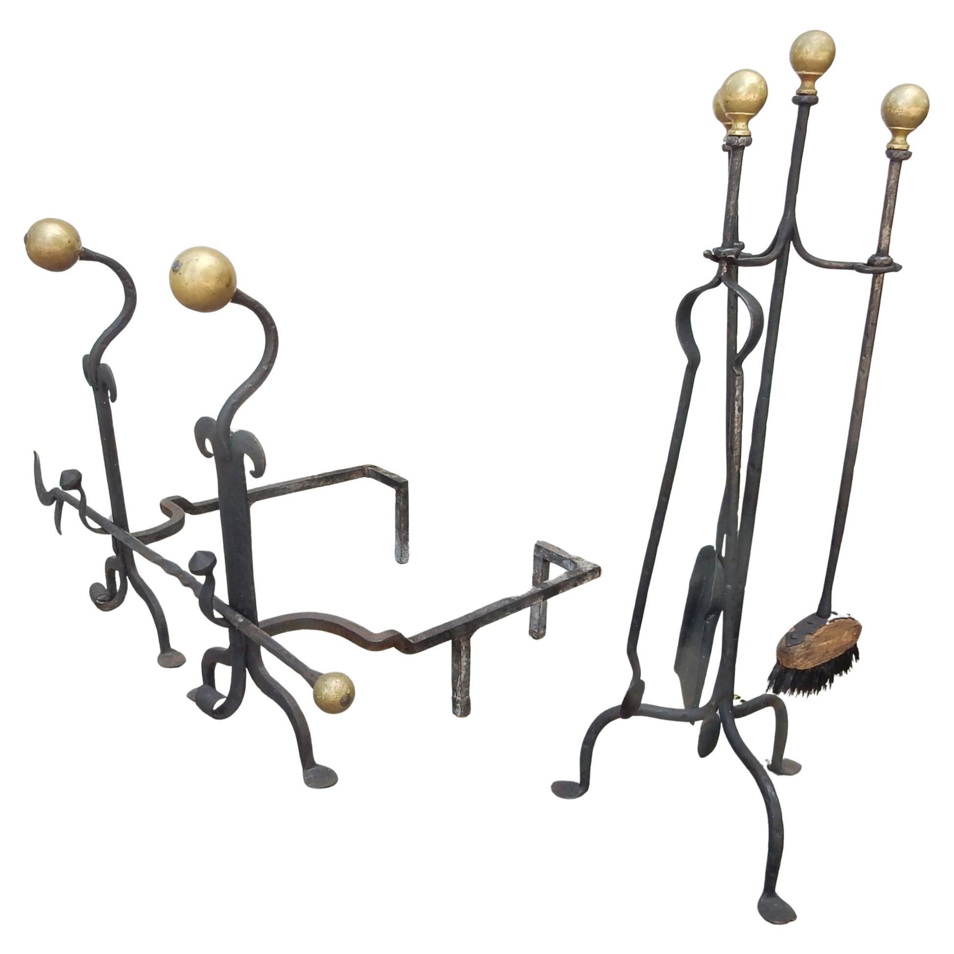 Arts and Crafts era Blacksmith-Made Brass Andirons & Fireplace Tool set For Sale 2