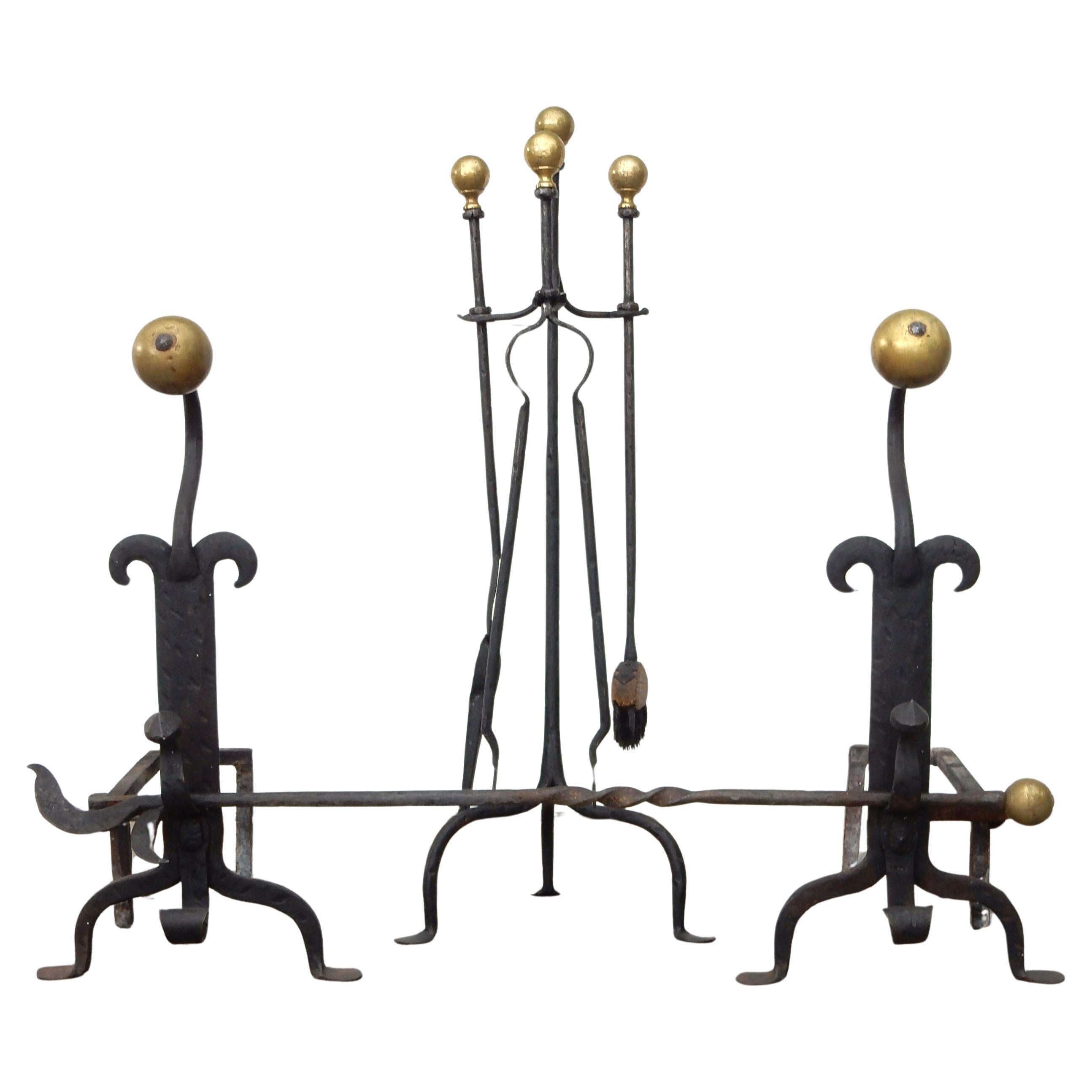 Arts and Crafts era Blacksmith-Made Brass Andirons & Fireplace Tool set For Sale 6
