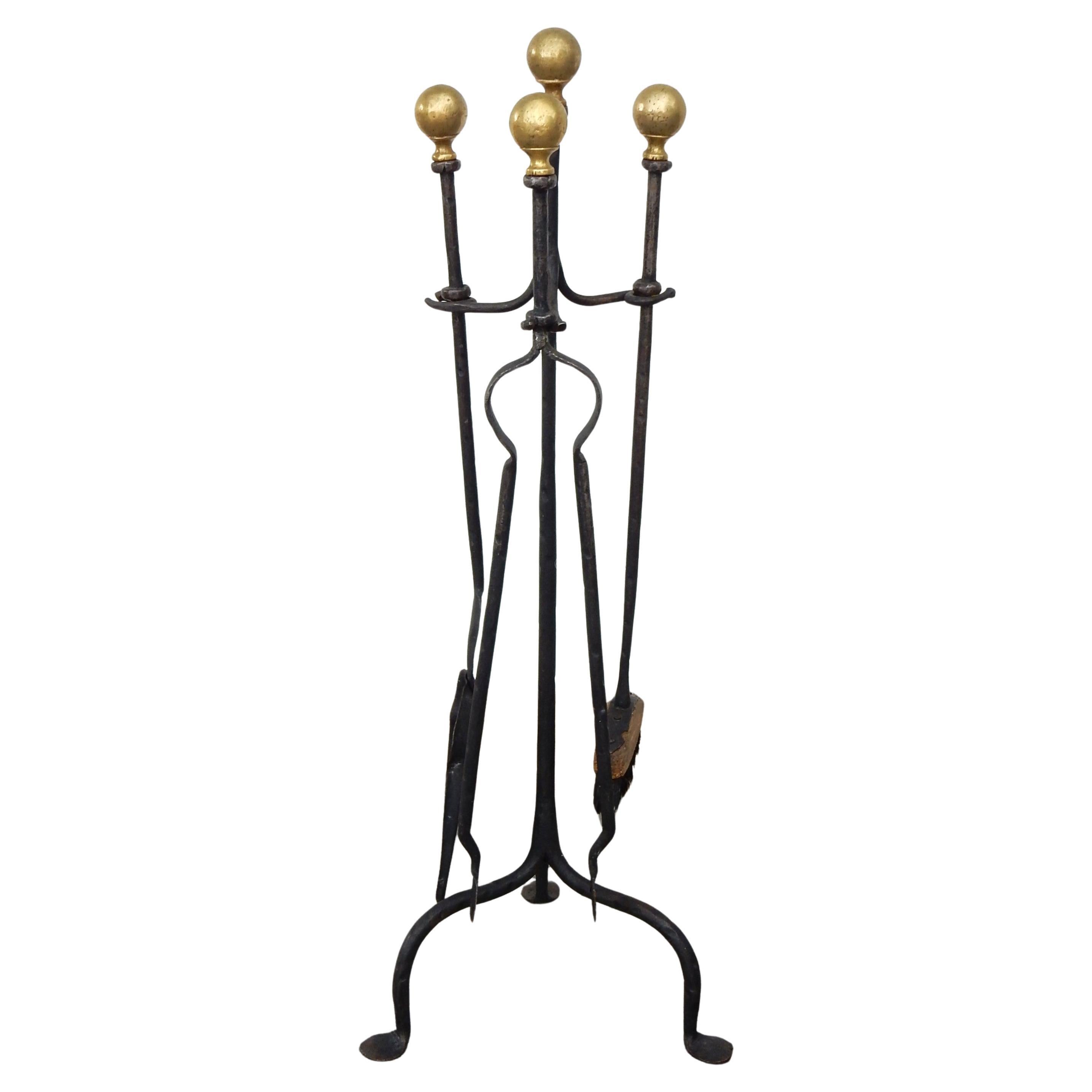 American Arts and Crafts era Blacksmith-Made Brass Andirons & Fireplace Tool set For Sale