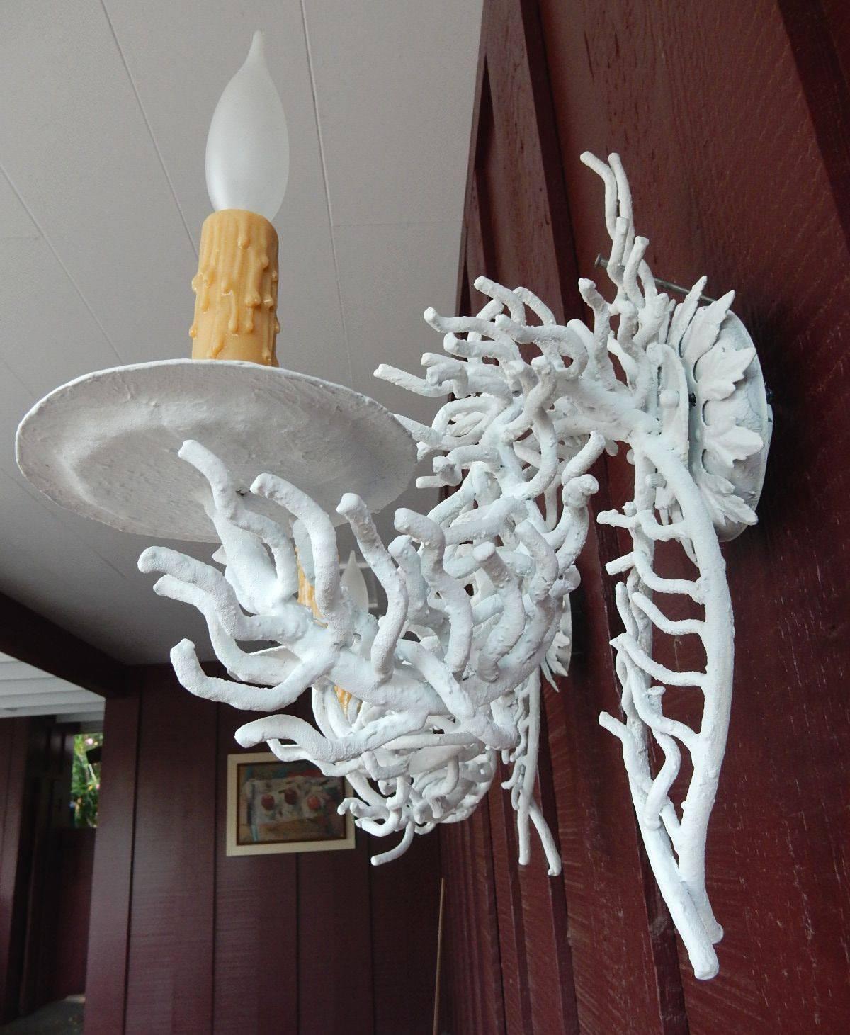 PAIR Large Metal Art Sea Coral Wall Lamp Sconces, circa 1950s In Good Condition In Las Vegas, NV