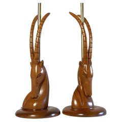 Exotic Artisan Sculpted Wood Ibex Bust Table Lamps Exotic Artisan Sculpted Wood Ibex Bust Table Lamps