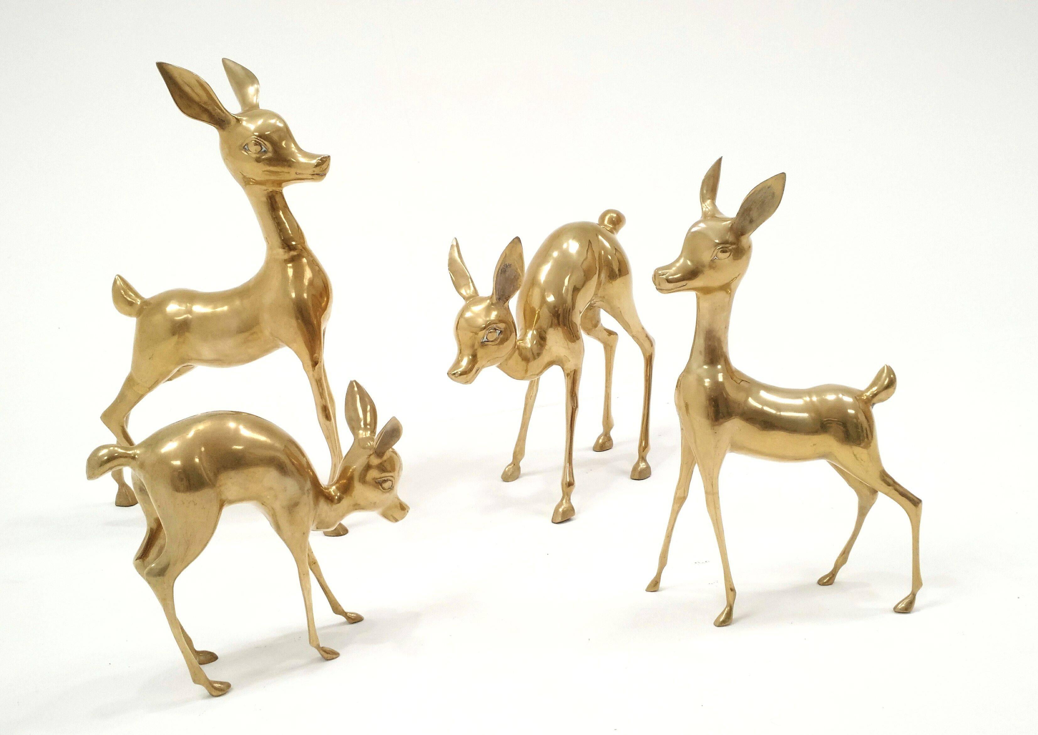 Hollywood Regency Whimsical Large Brass Deer Sculpture Herd 
