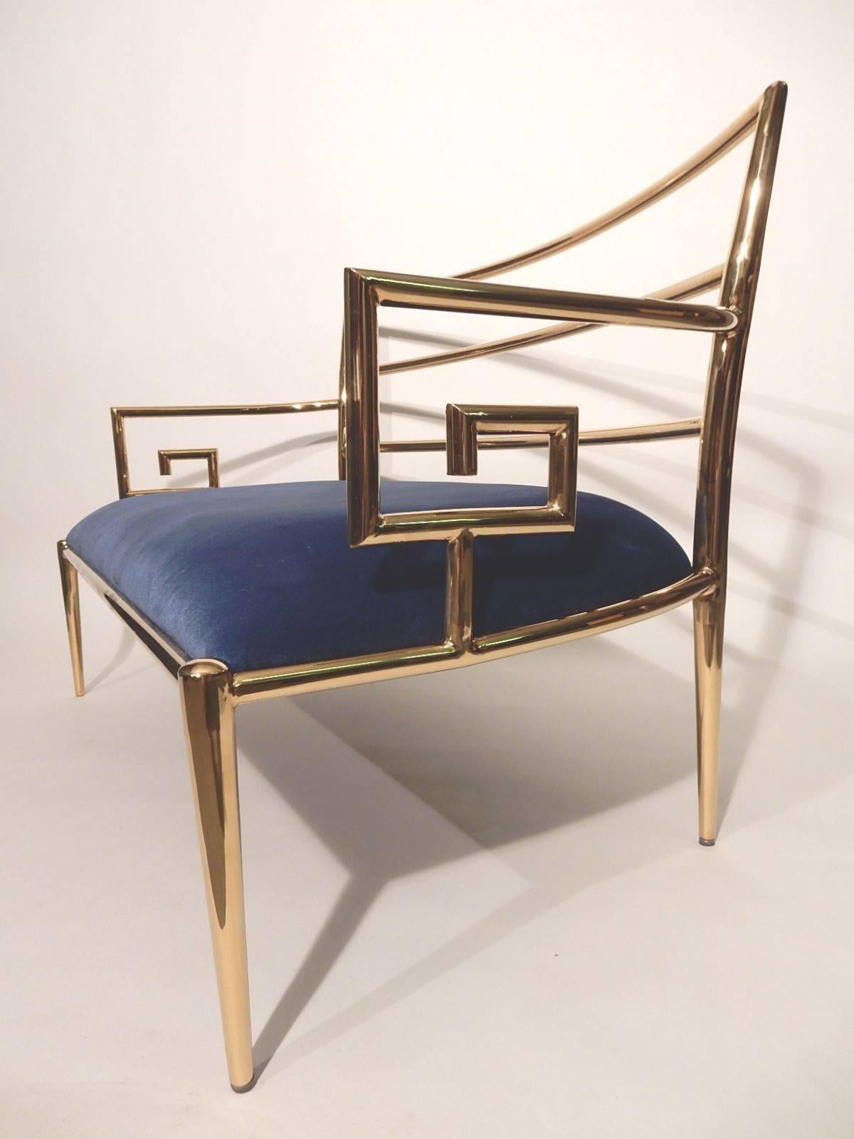 Late 20th Century Hollywood Regency Brass Greek Key and Blue Velvet Settee Sofa