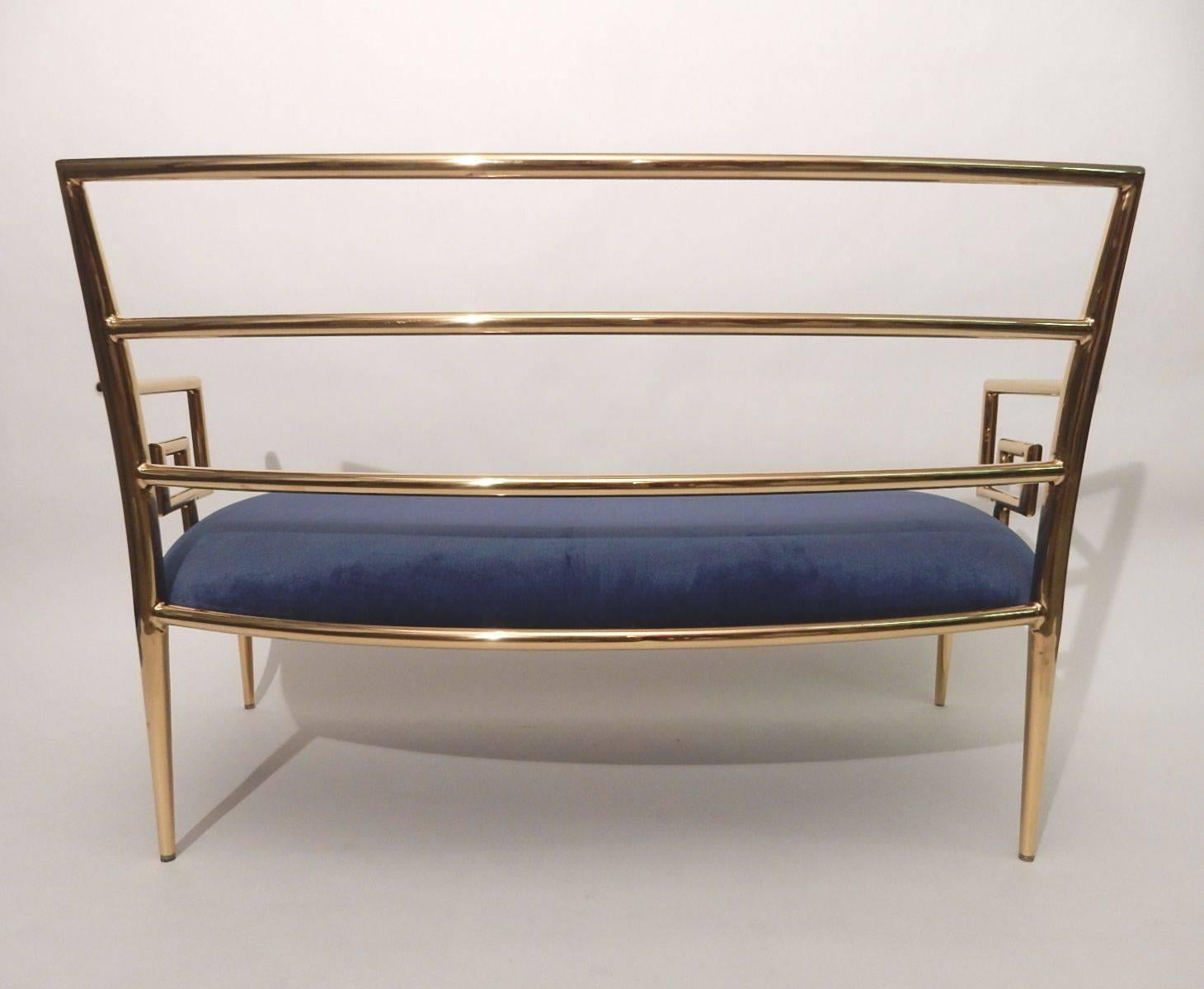 Hollywood Regency Brass Greek Key and Blue Velvet Settee Sofa 1
