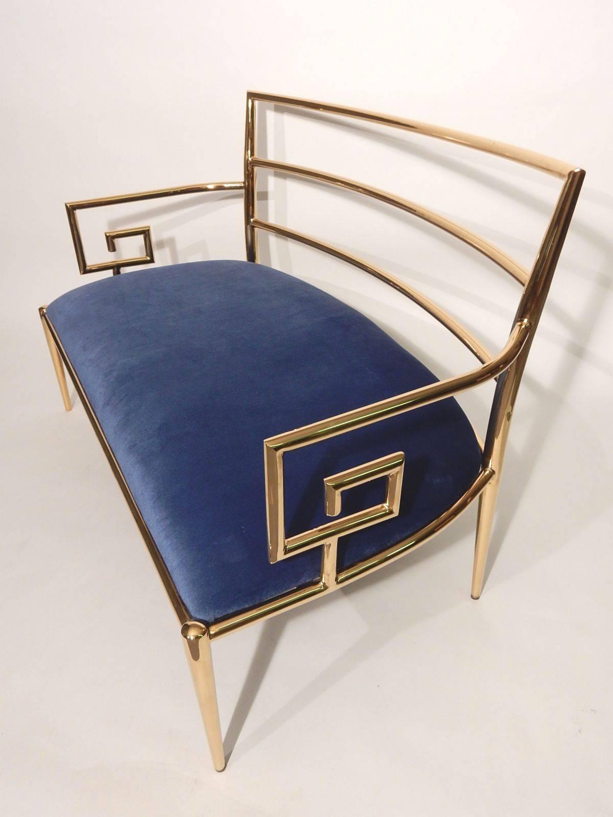 Hollywood Regency Brass Greek Key and Blue Velvet Settee Sofa 2