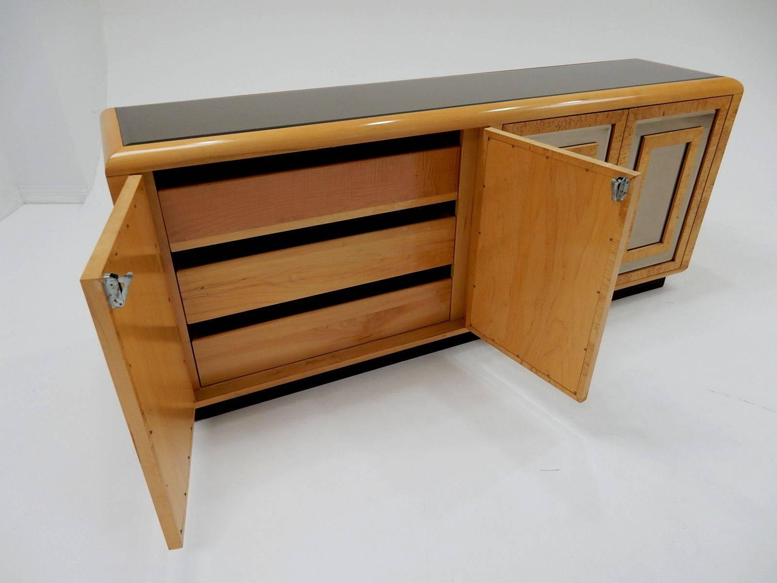 Mid-Century Modern 1970s Romweber Mirrored Burl Wood Buffet Cabinet