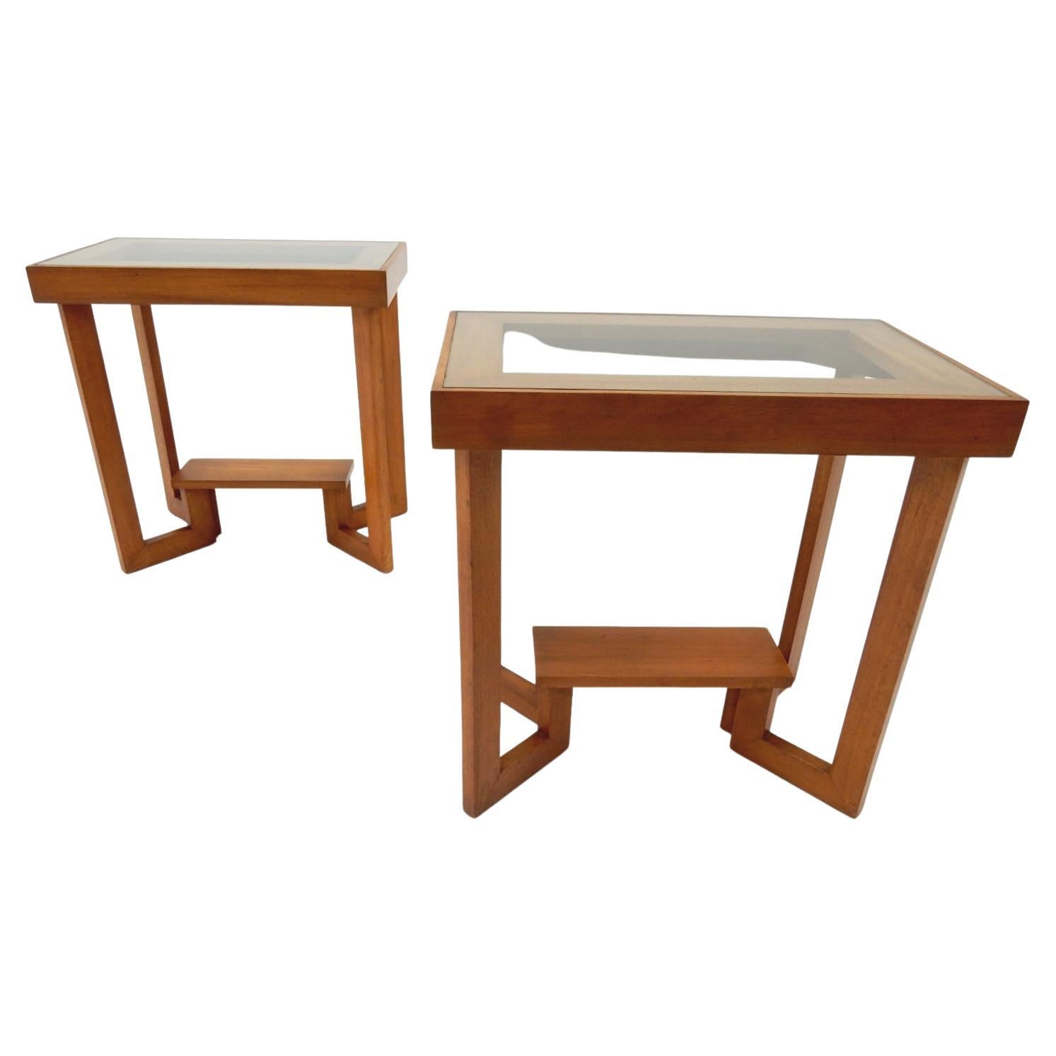 Incredible pair of mahogany and glass side tables.
circa 1930s-1940s.
Not signed or marked. 
Clean pre-owned condition with no damage or repairs.