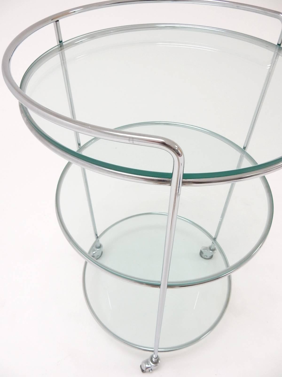 Mid-Century Modern 1970s Circular Chrome Steel and Glass Tri-Level Tripod Bar Serving Cart