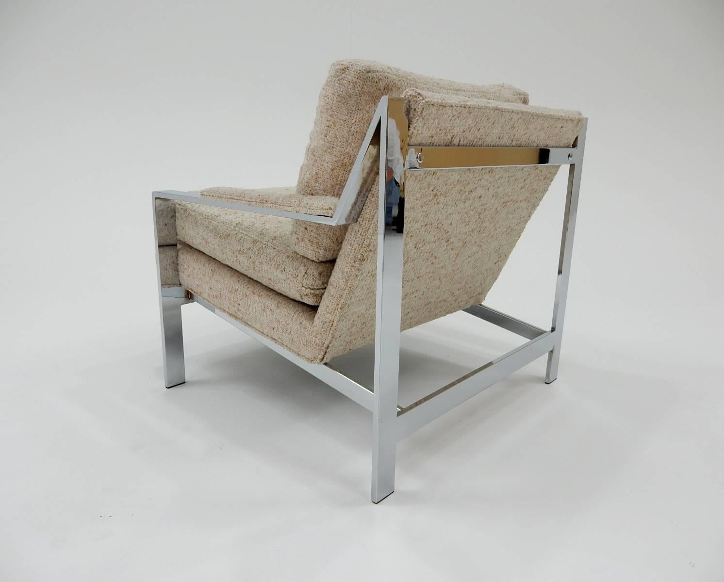 Pair of chrome flat bar lounge chairs #232 by Cy Mann, circa 1970s.
Plush and comfortable chairs with oatmeal color weave fabric.
Purchased from original owner. In very good condition.