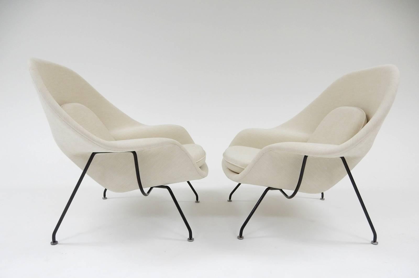 Own an original! Pair of just reupholstered, never sat in Knoll lounge chairs designed by Eero Saarinen. These are early 1960s models.
They have been professionally restored to perfection.
 