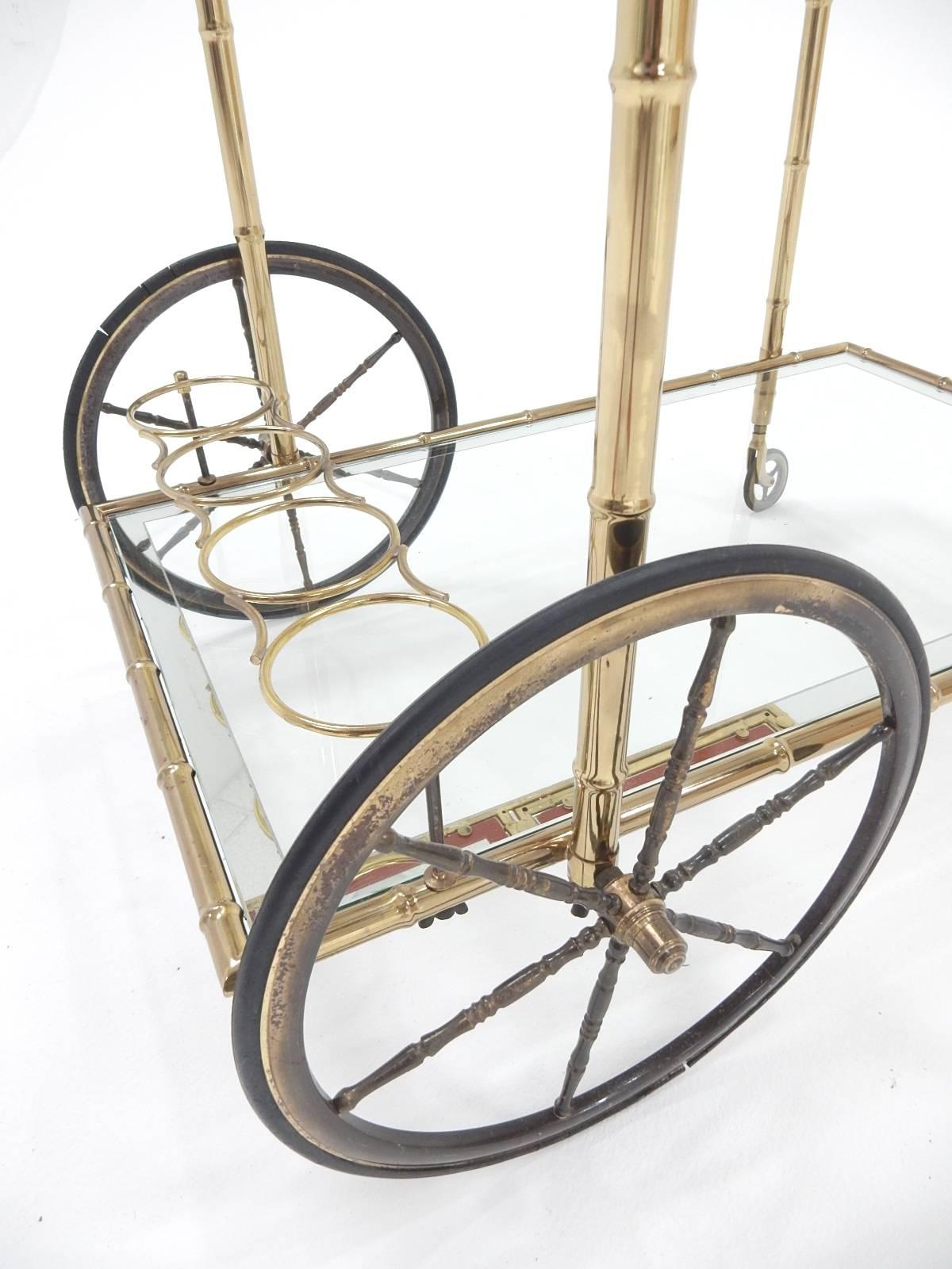 Vintage Brass Faux Bamboo Bar Serving Cart with Mirror Framed Glass In Good Condition In Las Vegas, NV