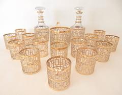 1960s Imperial Glass 24-Karat Shoji 17-Piece Vintage Barware Set Mixology