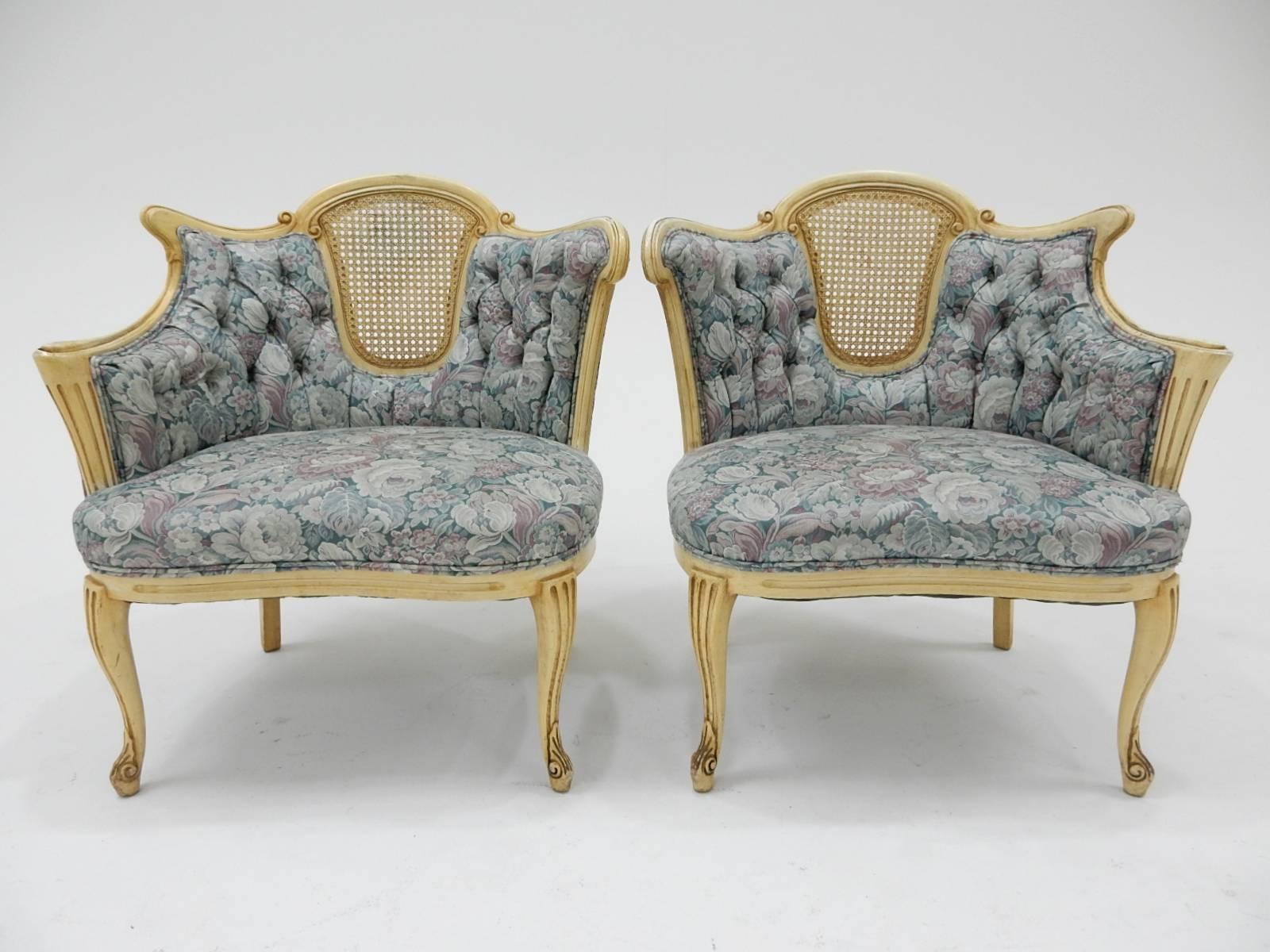 Fabulous chairs upholstered in cabbage rose chintz with original paint.
Solid and heavy with no damage or repairs.