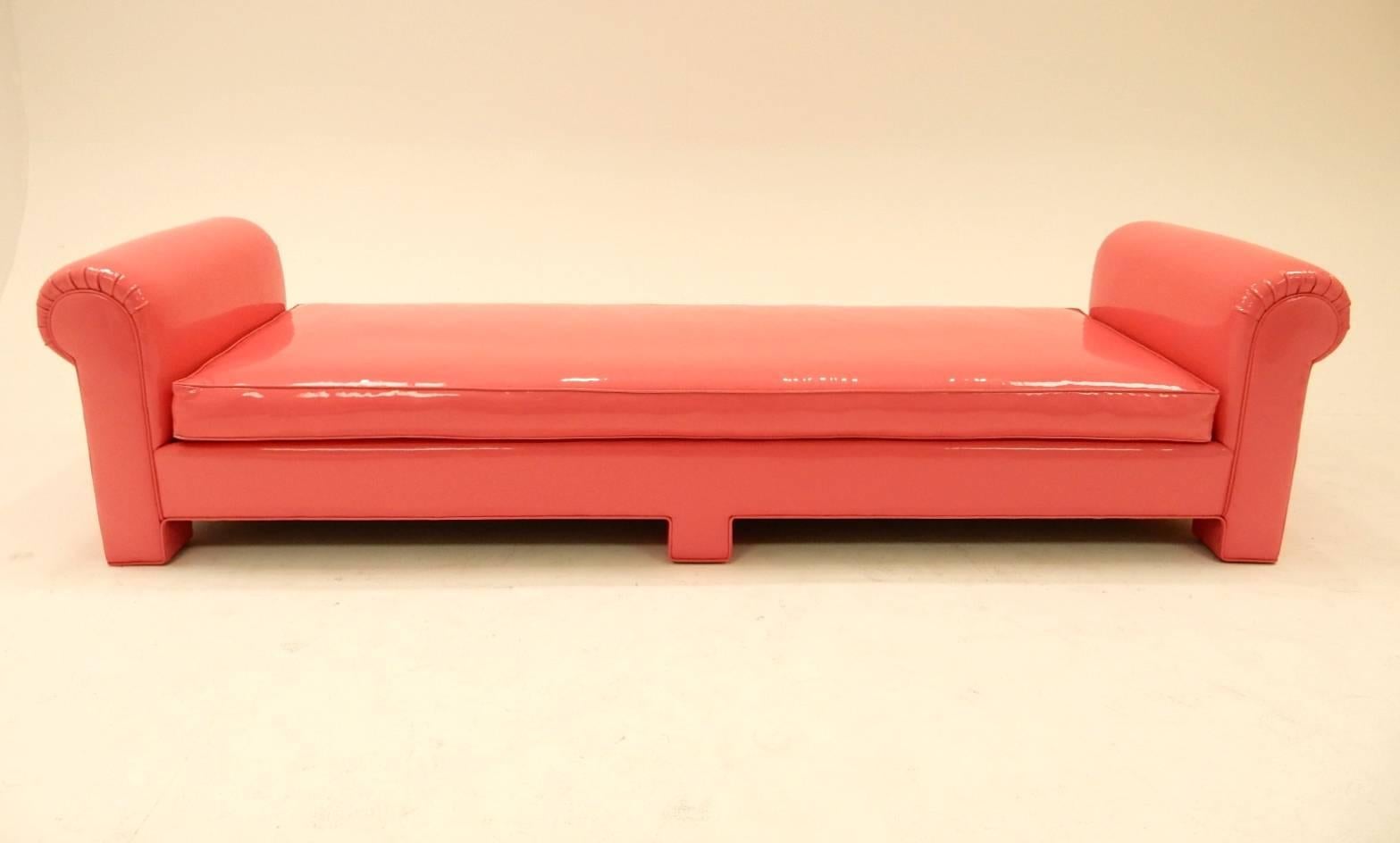Mid Century Sofa Bench in Pink Naugahyde by California Furniture 1974 In Good Condition In Las Vegas, NV