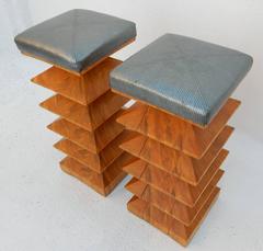 Pair of Sculpted Art Burl Wood Zig-Zag Bar Stools, circa 1940s