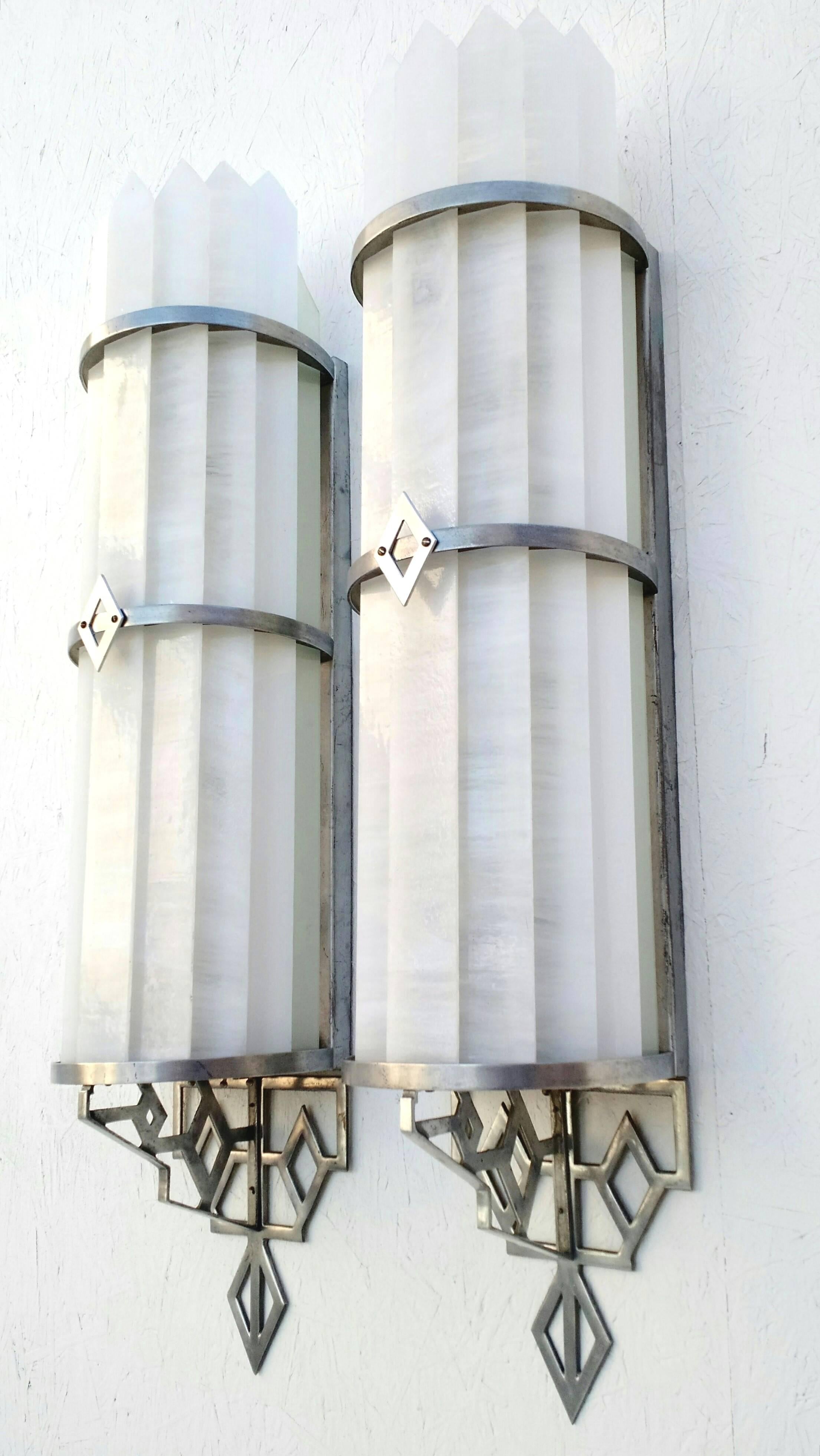 Architectural Glass and Aluminum Art Deco Theater Wall Lamp Sconces Pair 2