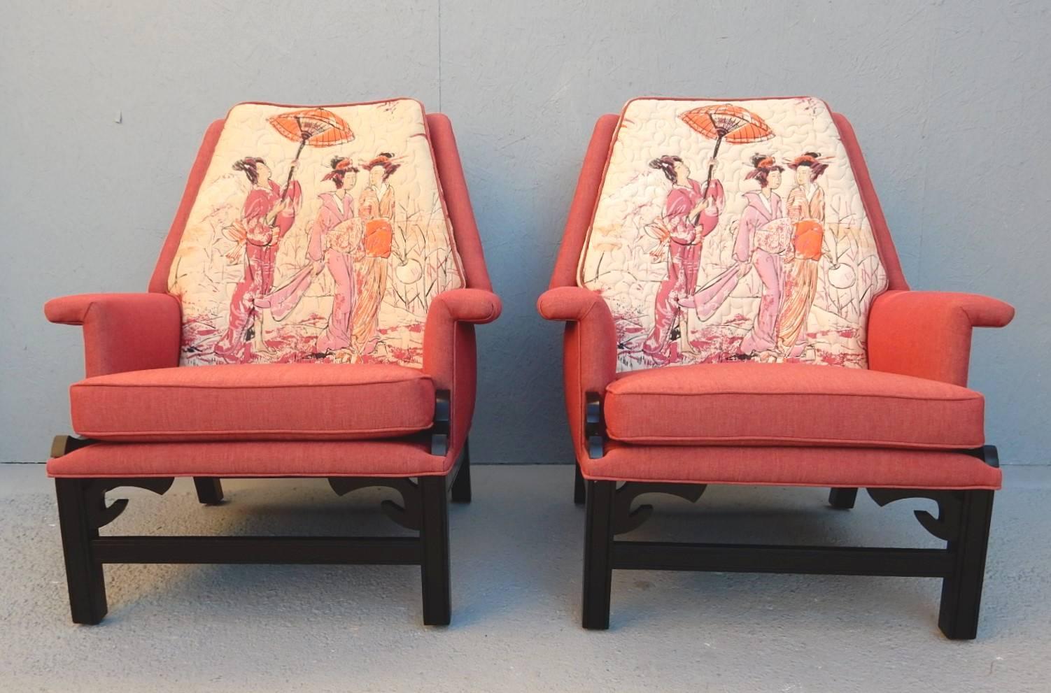 Fabulous pair of lounge chairs designed in the style of James Mont, circa 1950s.
These were just reupholstered including new foam, webbing and fresh painted black lacquer however the original Geisha girl back cushion was preserved.
Solid, super