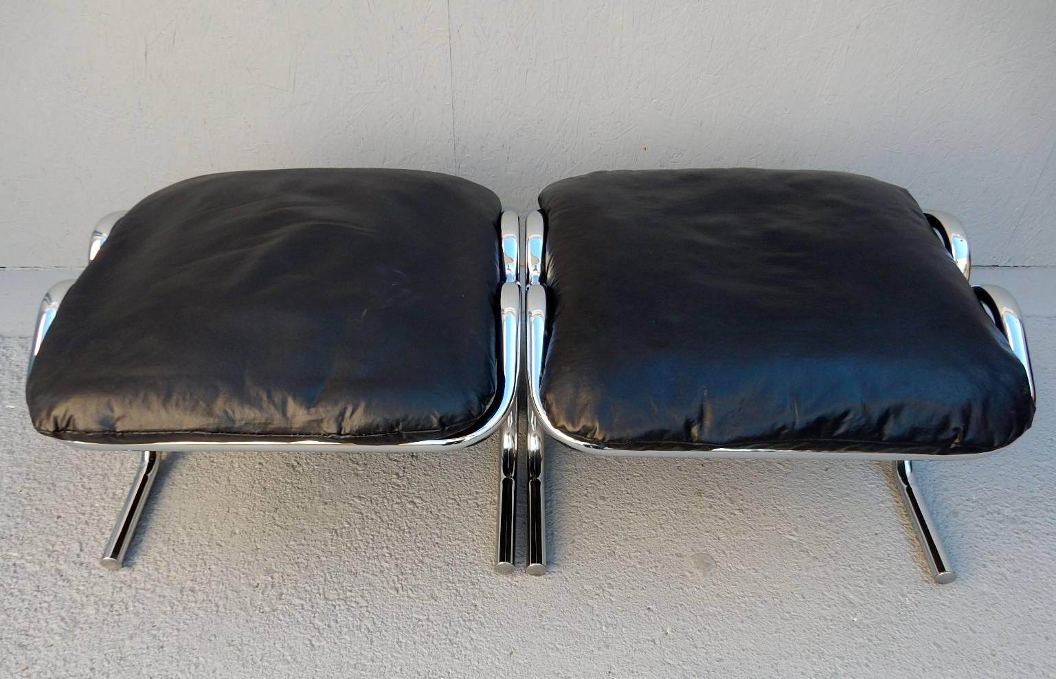 Mid-20th Century Rare Pair of Chrome and Leather Ottomans Arcadia by Jerry Johnson for Landes