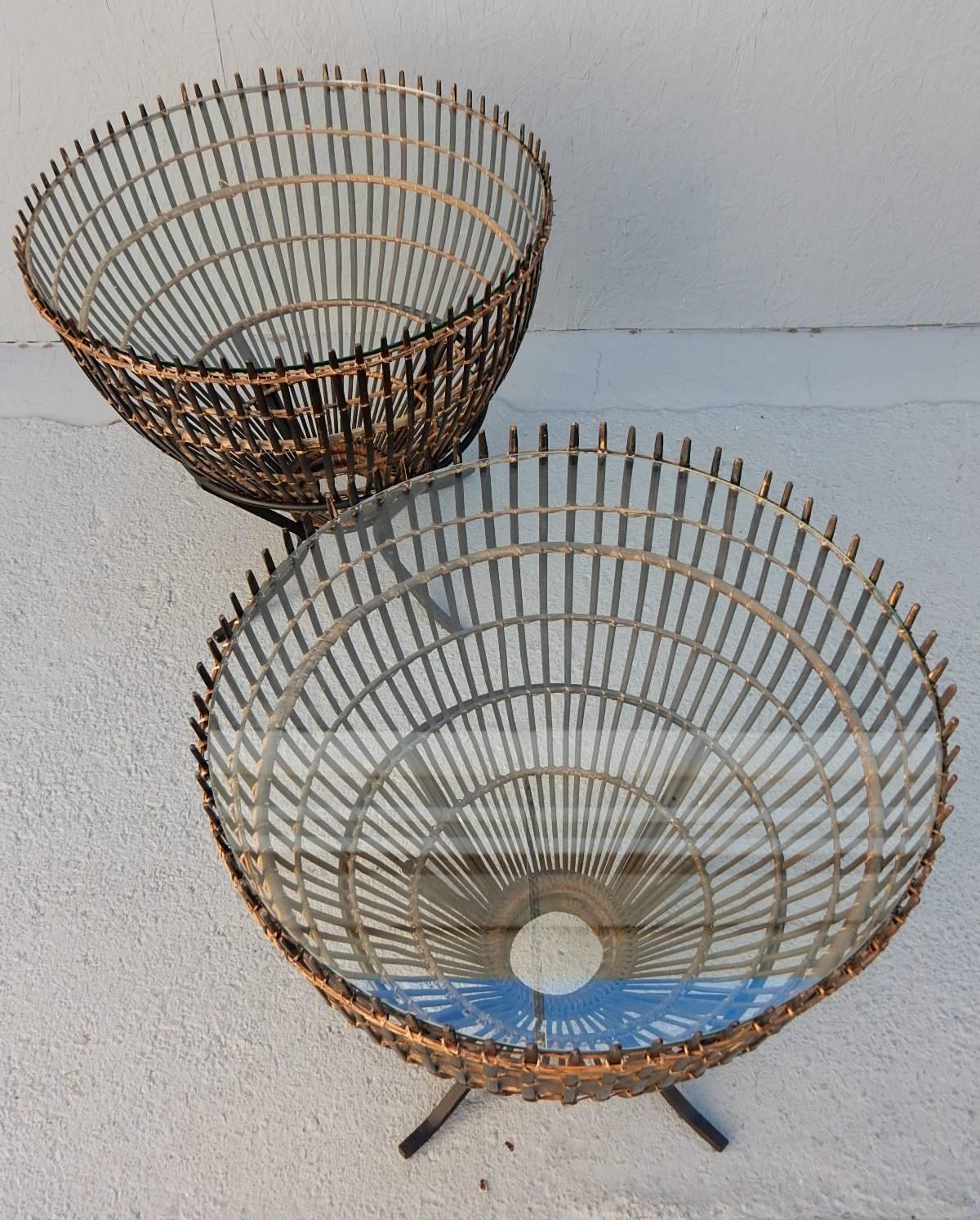 Pair of Franco Albini Organic Modern Rattan and Iron Side Tables In Excellent Condition In Las Vegas, NV
