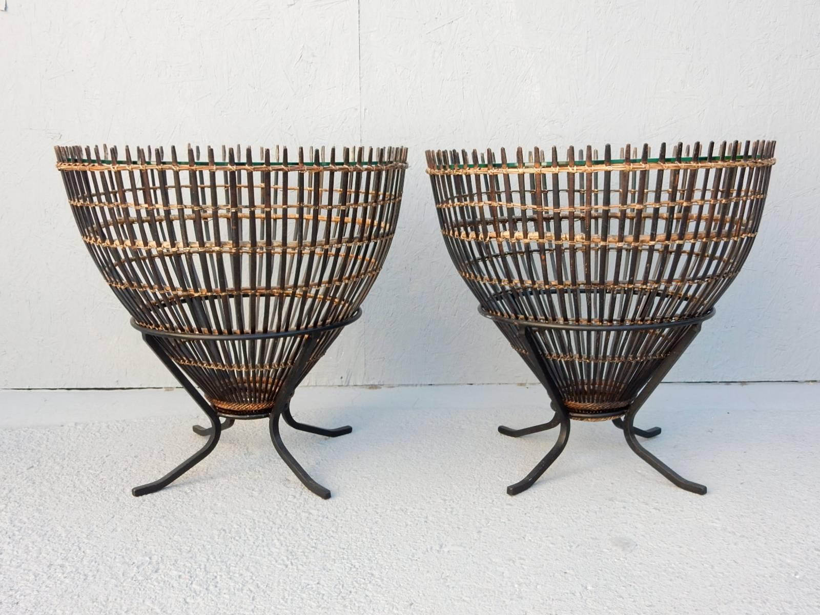 Mid-20th Century Pair of Franco Albini Organic Modern Rattan and Iron Side Tables