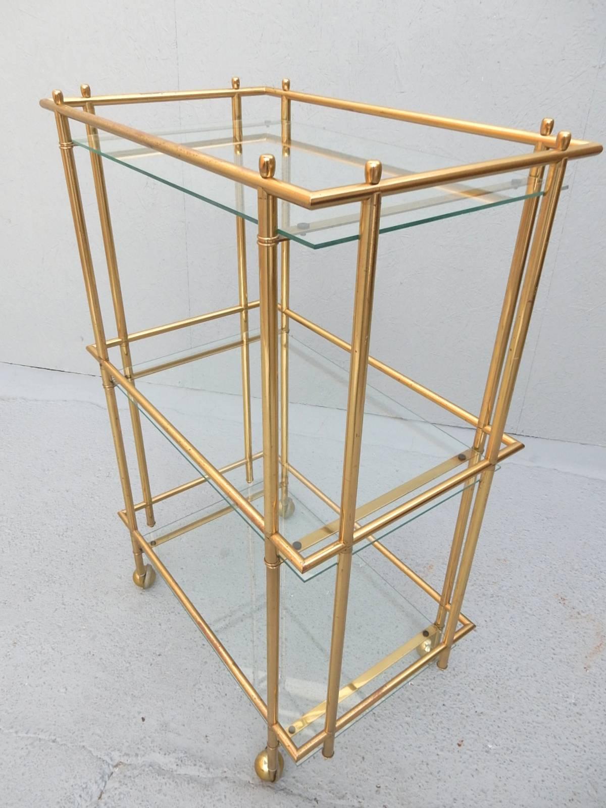 Mid-Century Modern Three-Tier Brass and Glass Bar Service Cart Trolley In Excellent Condition In Las Vegas, NV