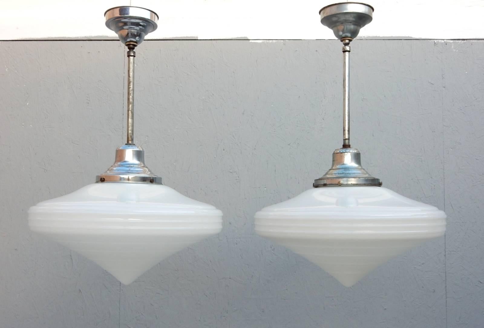 Pair of 1930s Art Deco Milk Glass Diamond Lamp Pendants 2