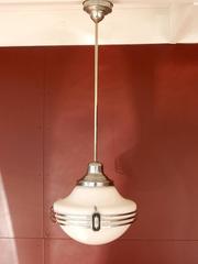 1930s Art Deco Nickel Saturn Ring and Milk Glass Pendant Lamp