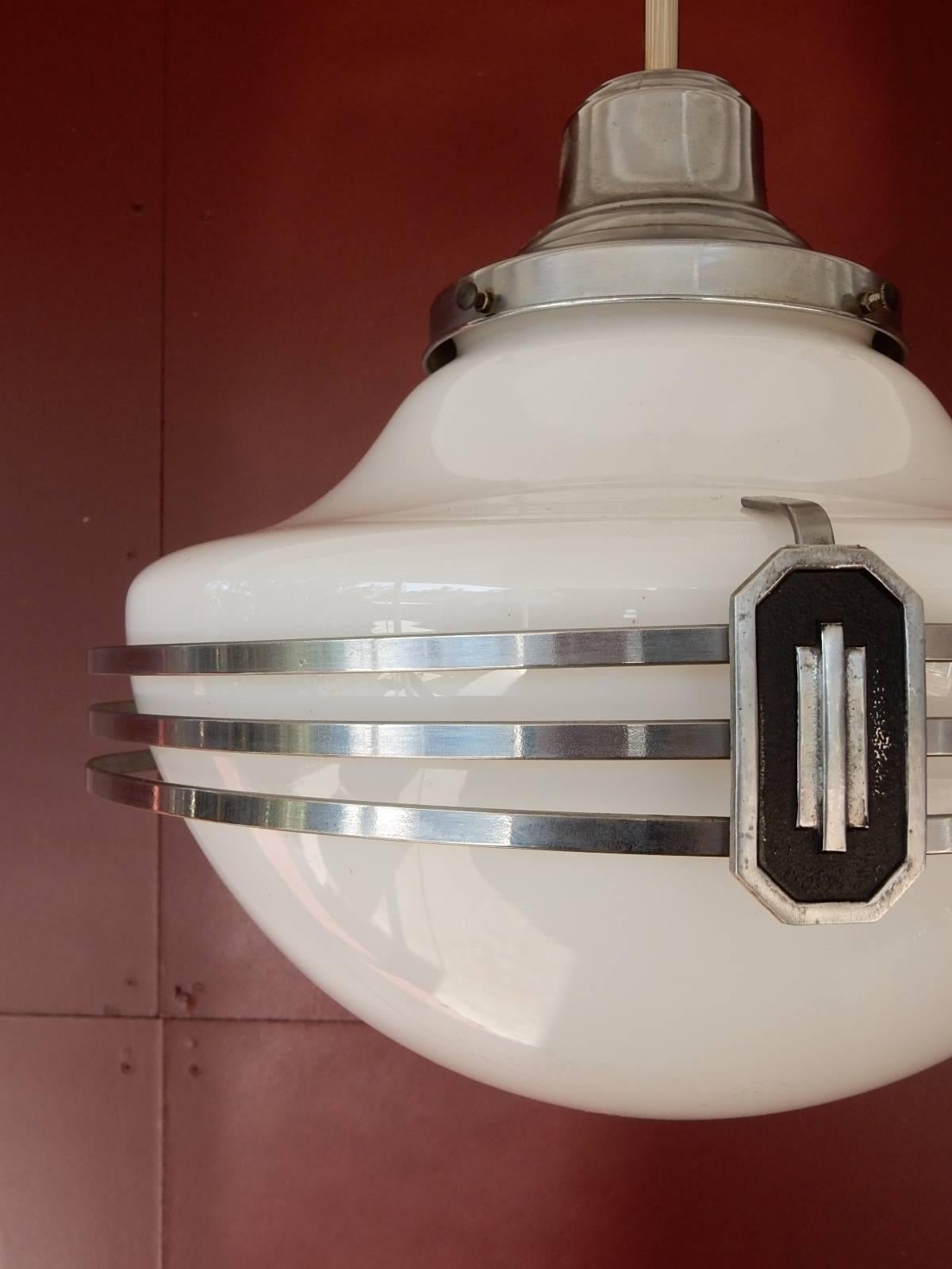 1930s Art Deco Nickel Saturn Ring and Milk Glass Pendant Lamp In Good Condition In Las Vegas, NV