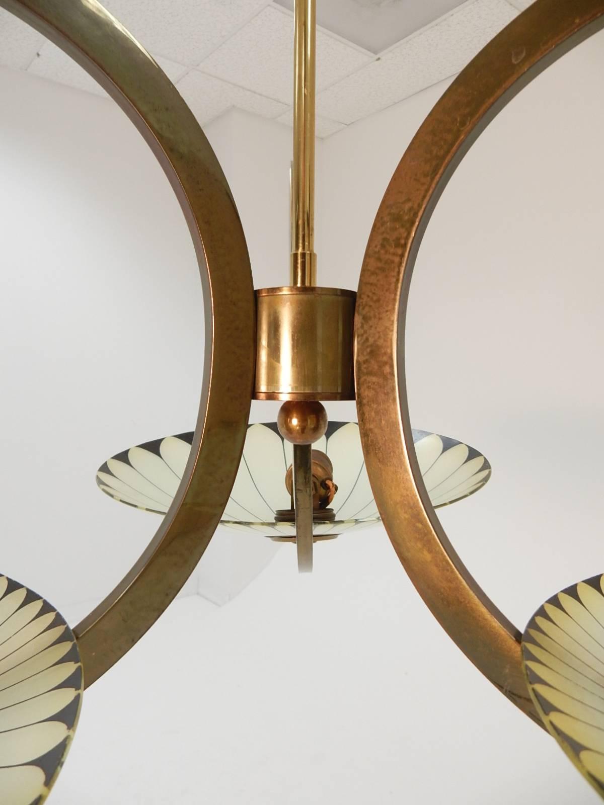 French Art Deco Palm Leaf Art Glass Chandelier, circa 1940s 2