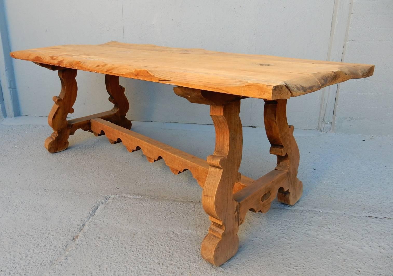 Hand-carved Primitive farm table circa early 1900s. All jointed and hand cut boards. Heavy thick hardwood top. Original condition.