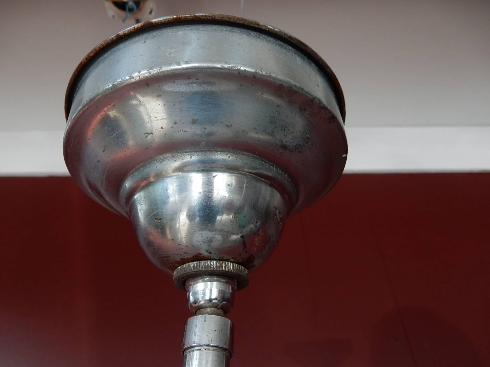 Architectural Art Deco Milk Glass Globe Saturn Pendant Lamp In Fair Condition In Las Vegas, NV