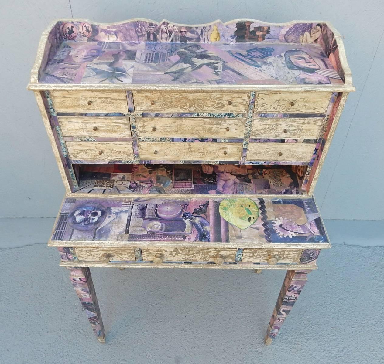 Unique French mixed media art secretary desk, circa 1950s.
Glaze applied European magazine clippings cover every area except drawer fronts.
9 small upper drawers and three lower drawers under writing area.
Photos don't show the marvelous detail