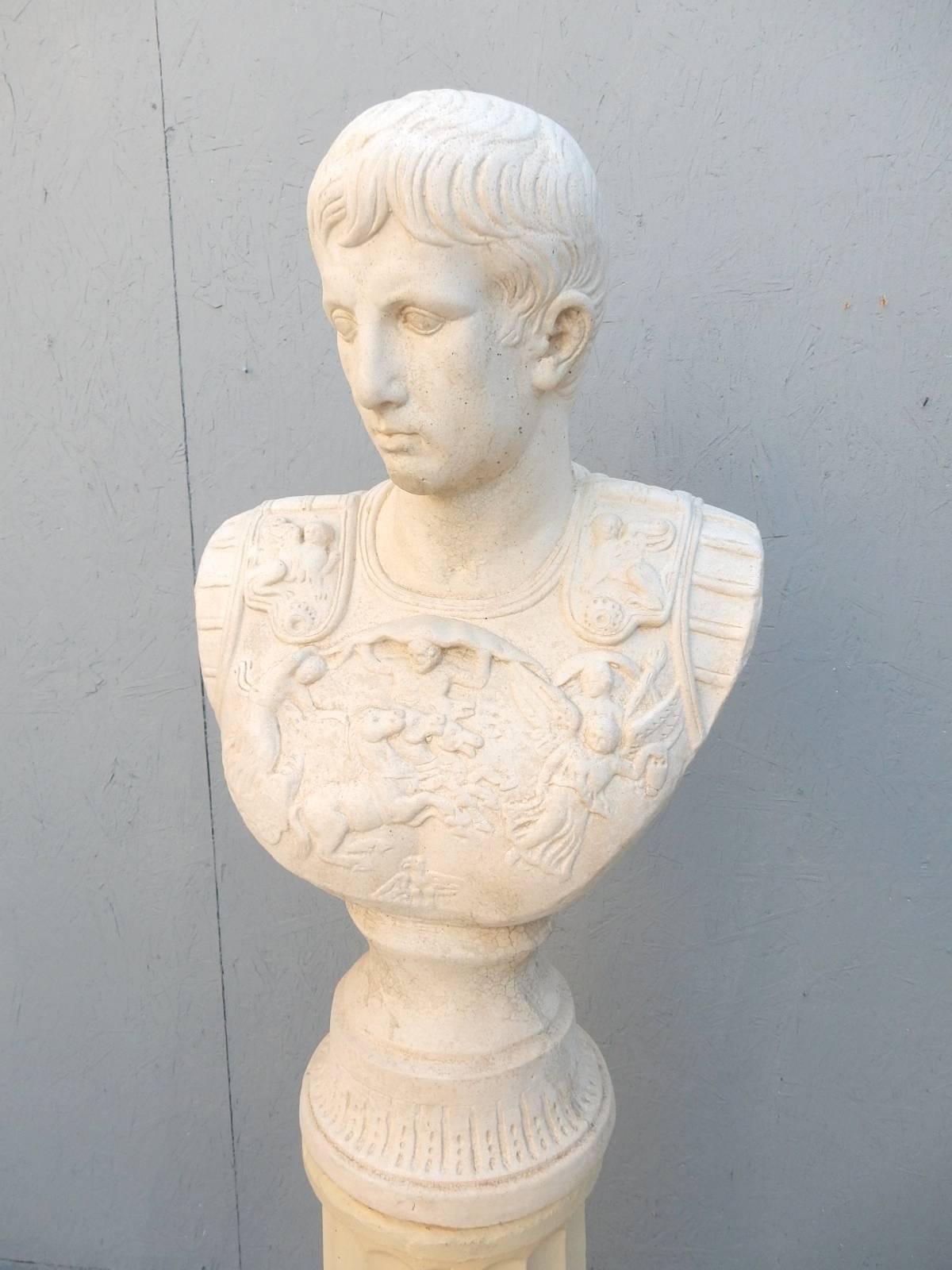Large life-size cast bust of Julius Caesar on a column pedestal,
circa 1950s. Fantastic life like detail and very heavy made of stone cement.
Two pieces, bust not connected to column.