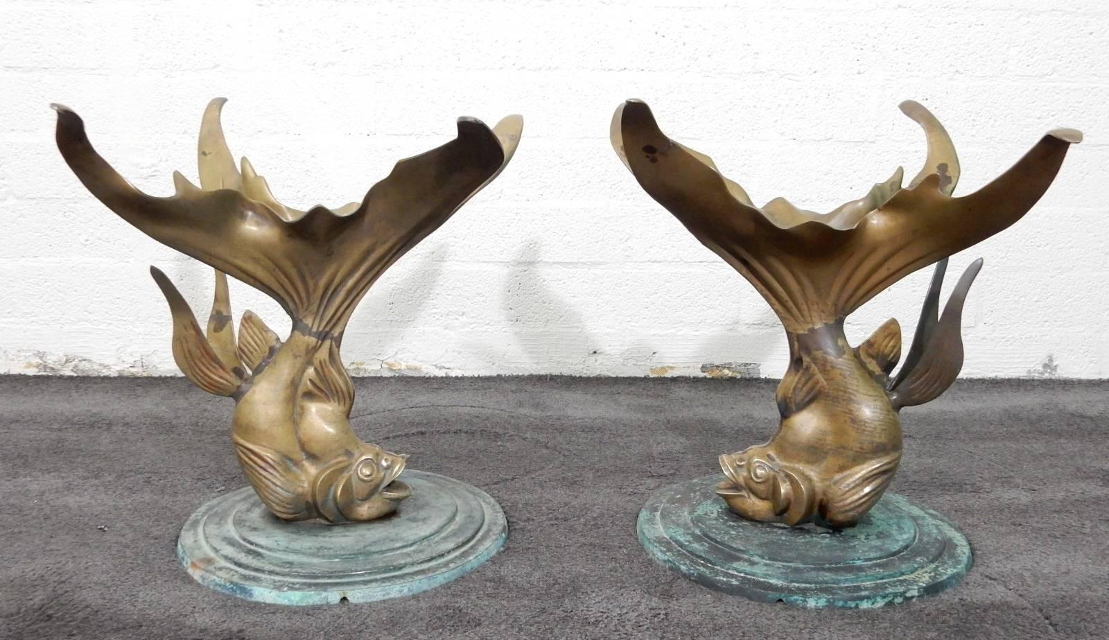 Spectacular pair of fluttering bronze Koi on a stepped verdigris copper base side tables, circa 1940s.
The warm golden aged patina of these is amazing as is the natural verdigris copper bases. Pictures don't do them justice.
These can be used as