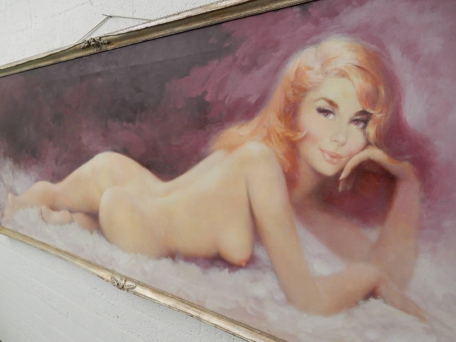 From the 1950s Las Vegas Nevada Showboat Hotel comes this 7-1/2 foot long oil painting of a ginger pin-up girl signed R. Stanley.
Originally hung in the 