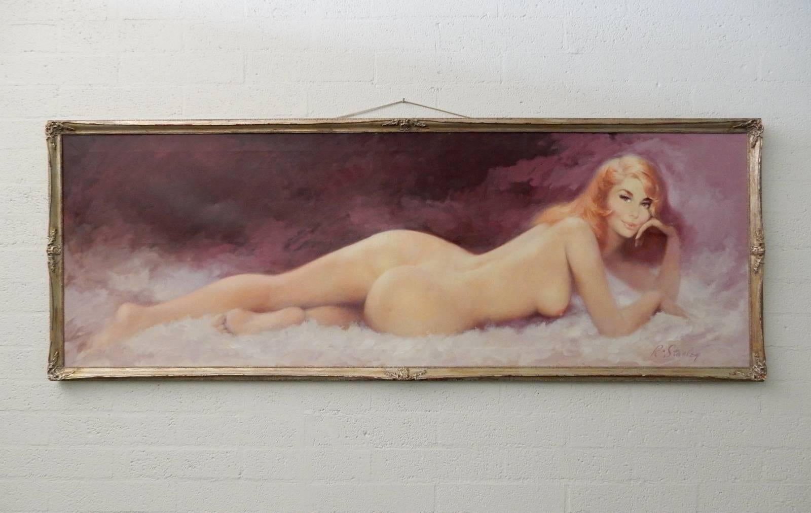 20th Century 1950's 7 Foot Long Las Vegas Showgirl Nude Oil Painting 