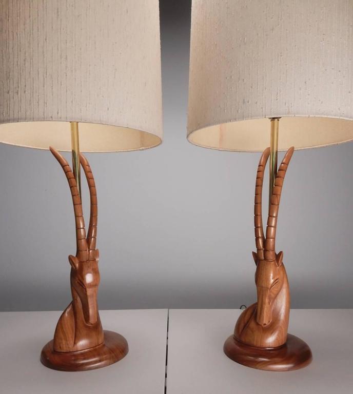 Exotic Art Deco Hand Carved Ibex Sculpture Table Lamps For At Mid 20th Century Exotic Art Deco Hand Carved Ibex Sculpture Table Lamps For