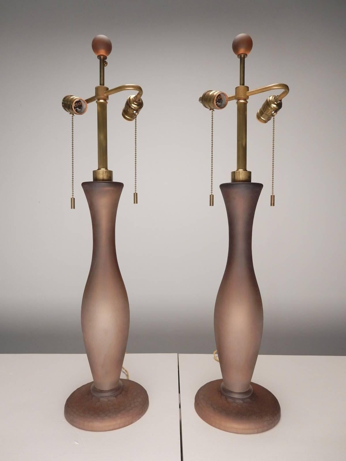 Gorgeous Venetian taupe art glass table lamps designed by John Hutton for Donghia Inc.
Handblown glass lamps with a sandblasted surface.
 