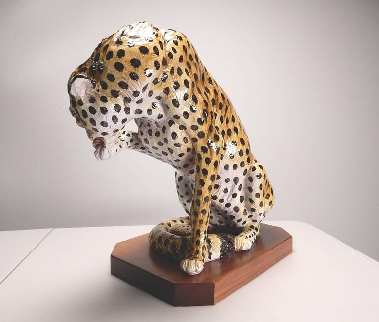 Hollywood Regency Italian Ceramic Cheetah Floor Sculpture For Sale at