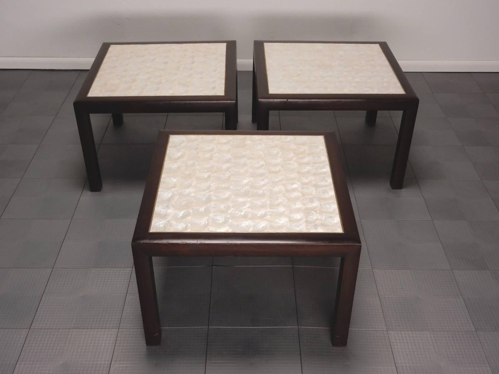 Mid-20th Century 1960's Capiz Shell Inlay Top Occasional Side Table set of 3