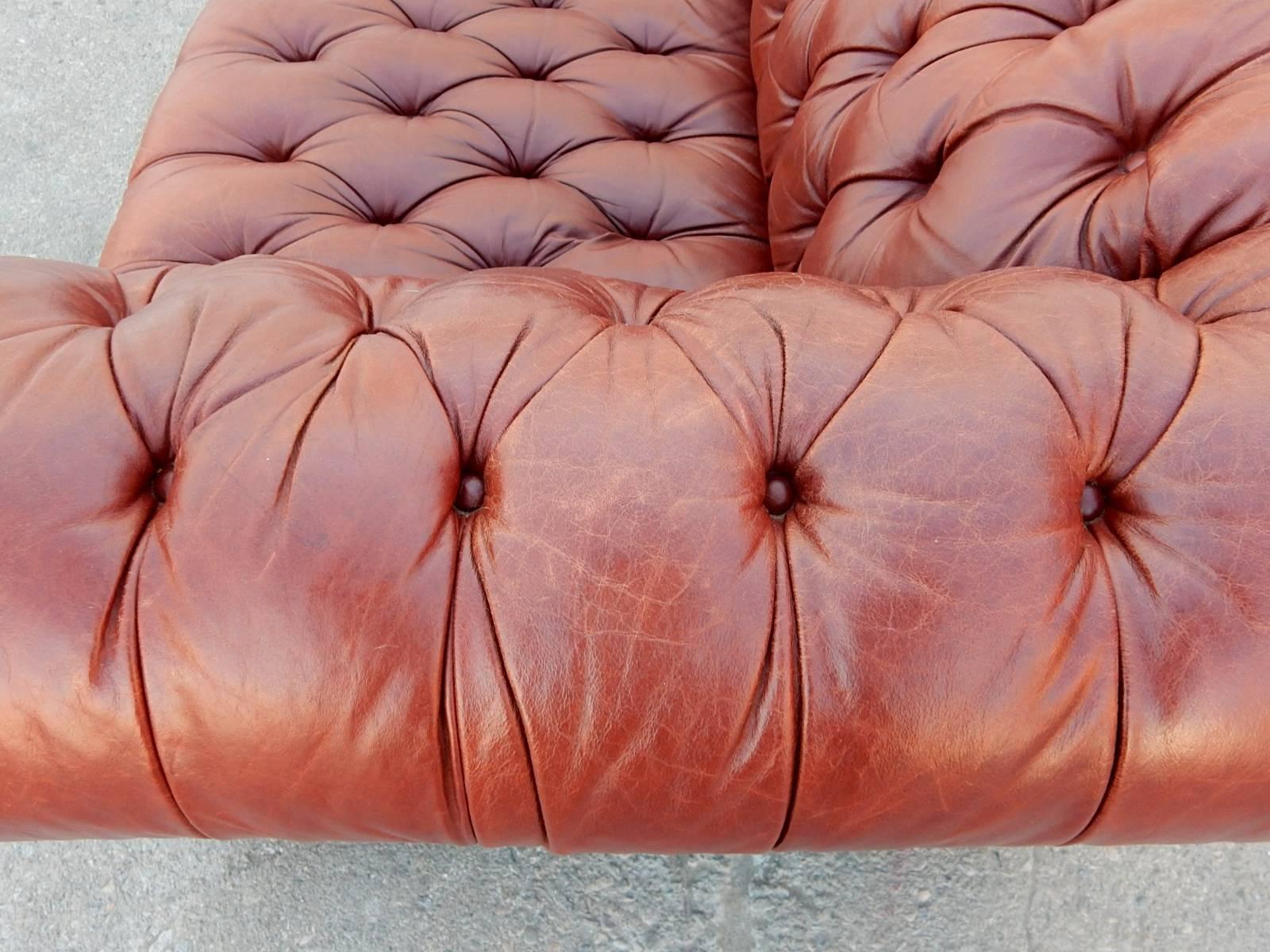 Art Deco Vintage Distressed Oxblood Leather Chesterfield Sofa