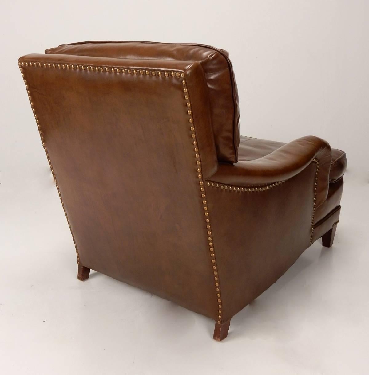 Arts and Crafts Early 20th Century Leather Library Club Chairs and Ottoman
