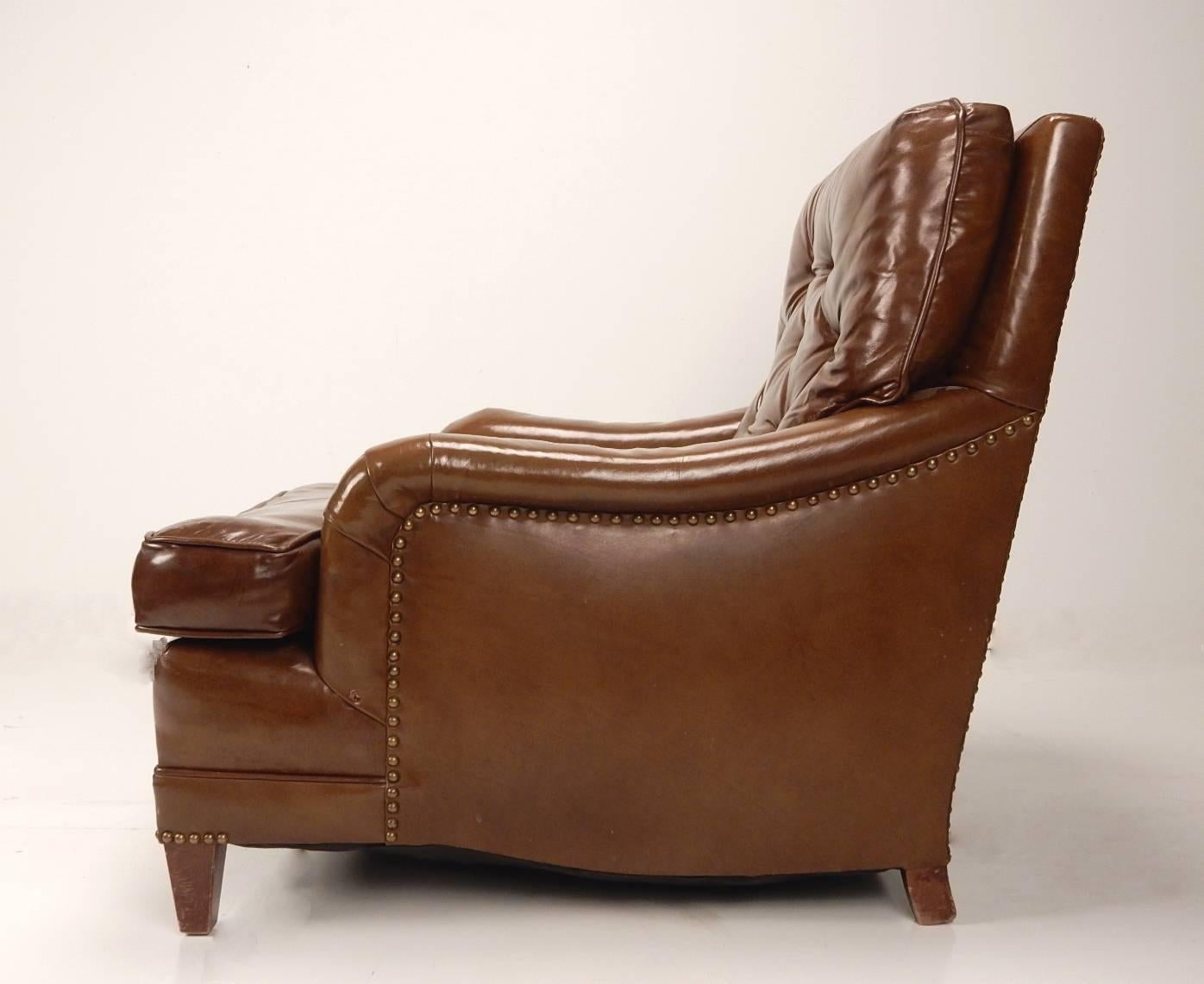 Mid-20th Century Early 20th Century Leather Library Club Chairs and Ottoman