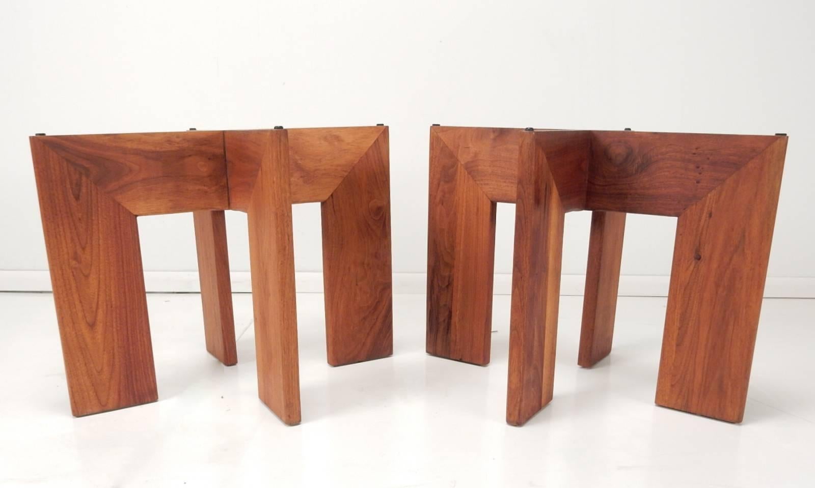 Mid-Century Modern side tables designed by Adrian Pearsall.
Pair, with thick black natural stone slate tops on four large flat walnut legs.