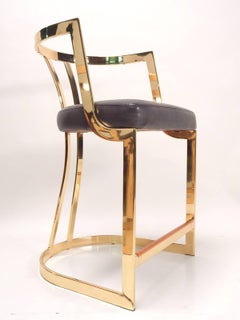 1970s Sculptural Brass and Black Leather Bar Counter Stools, Set of Three